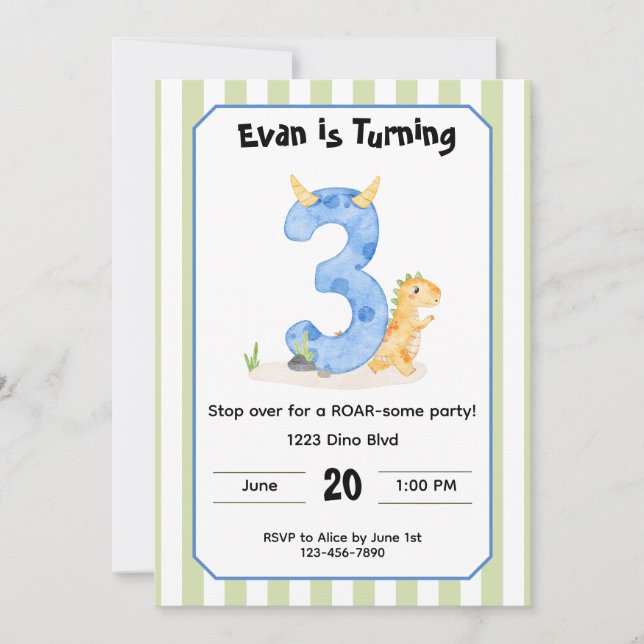 Editable Dinosaur 3rd Birthday Invitation  (Devant)