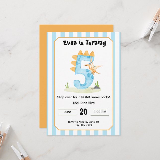 Editable Dinosaur 5th Birthday Invitation  (Devant/Arrière en situation)