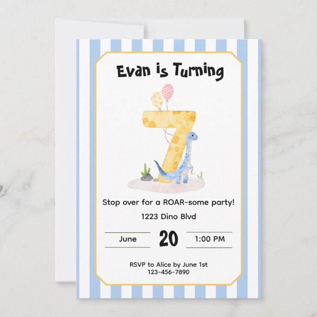 Editable Dinosaur 7th Birthday Invitation  (Devant)