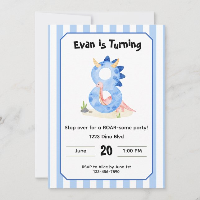 Editable Dinosaur 8th Birthday Invitation  (Devant)