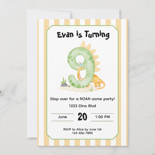 Editable Dinosaur 9th Birthday Invitation  (Devant)