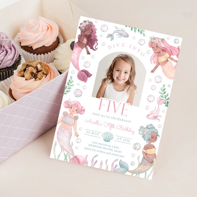 Editable Dive Into Five Mermaid Invitation (Watercolor Mermaid 5th Birthday Invitation With Picture)