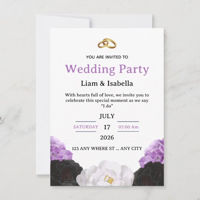 Editable Elegant Purple Floral Wedding Invitation (Devant)