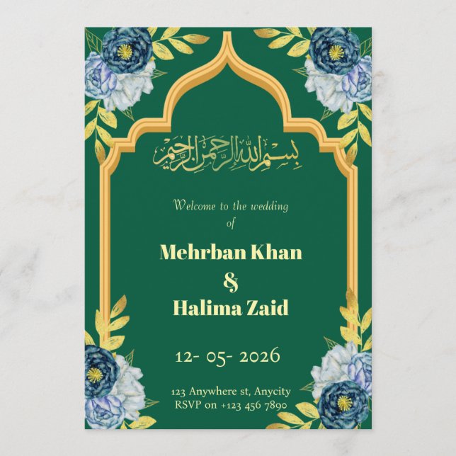 Editable floral Muslim wedding invitation Green  (Devant)