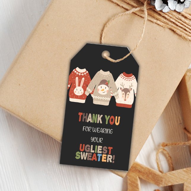 Editable Funny Christmas Party Cadeau Étiquettes (Ugly Sweater Favor Tags)