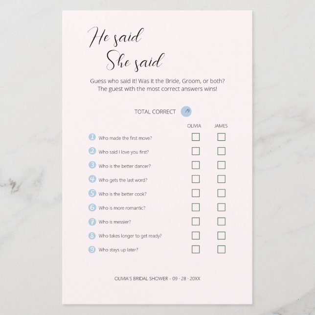 Editable Il A Dit Qu'Elle A Dit Wedding shower Gam (Devant)