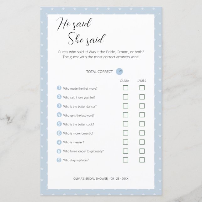 Editable Il A Dit Qu'Elle A Dit Wedding shower Gam (Devant)