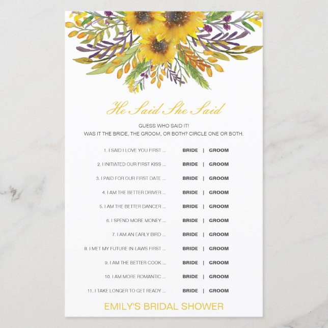 Editable Il A Dit Qu'Elle A Dit Wedding shower Jeu (Devant)