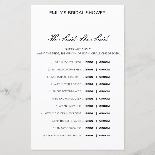 Editable Il A Dit Qu'Elle A Dit Wedding shower Jeu (Devant)