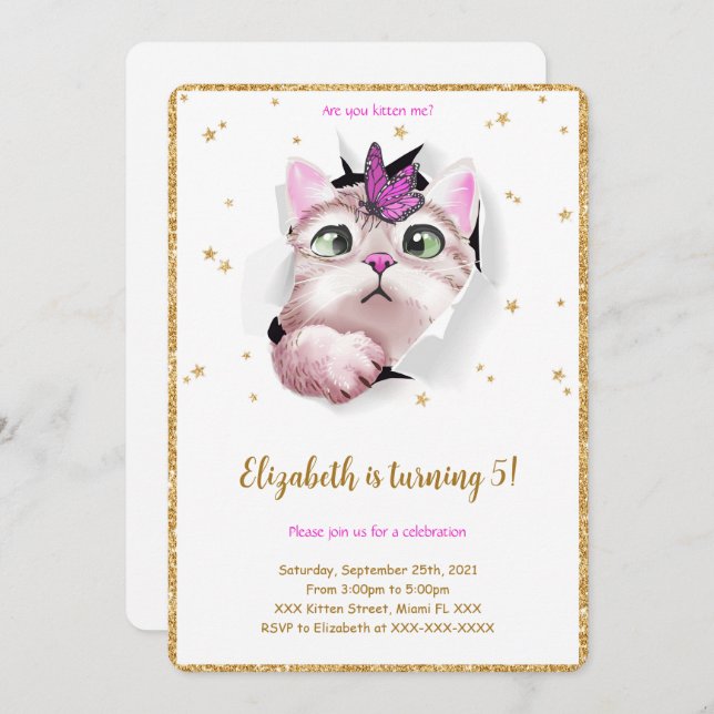 Editable Kitten Invitation d'anniversaire (Devant / Derrière)