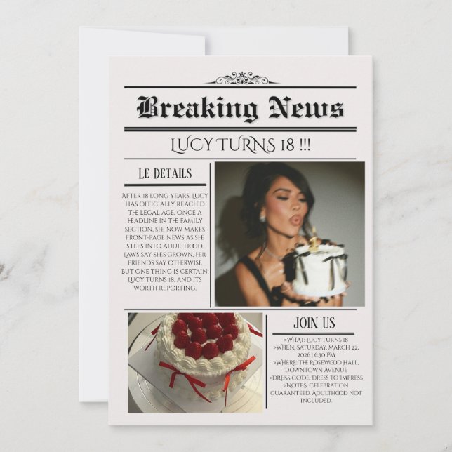 Editable Newspaper Birthday Invitation Template  (Devant)