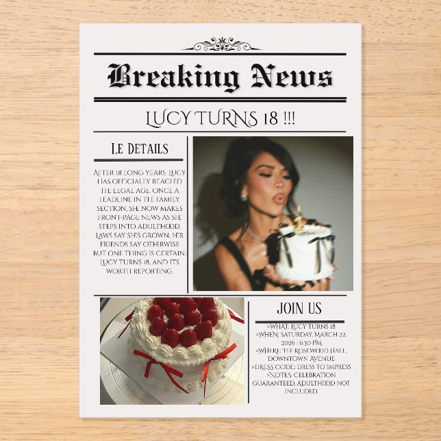 Editable Newspaper Birthday Invitation Template  (Recto)