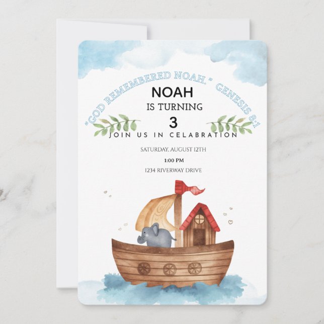 Editable Noah's Ark 3ème anniversaire Invitation B (Devant)