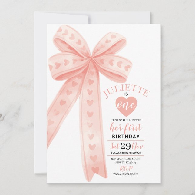 Editable Peach Bow First Girl Birthday Invitation  (Devant)