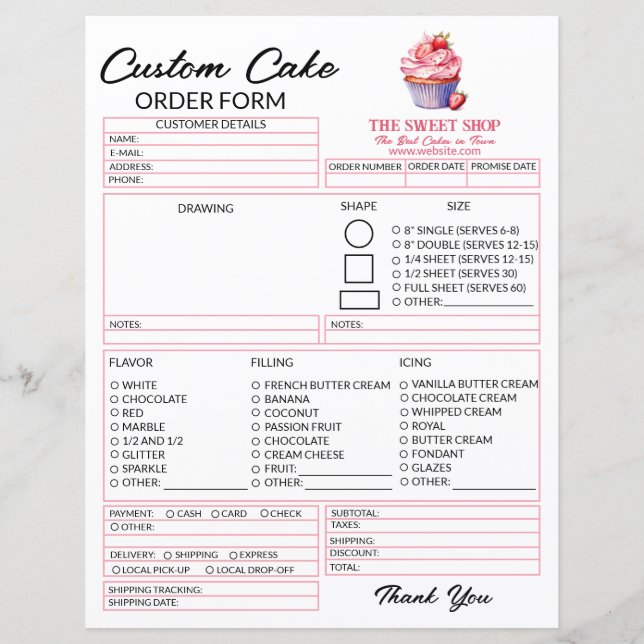Editable Pink Cake Order Form Template for Bakers (Devant)