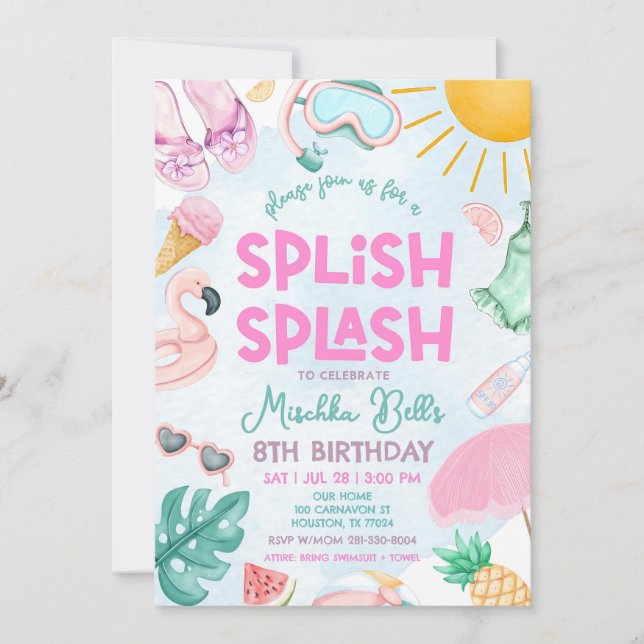 Editable Pool Party Invitation Summer Girl Birthda (Devant)