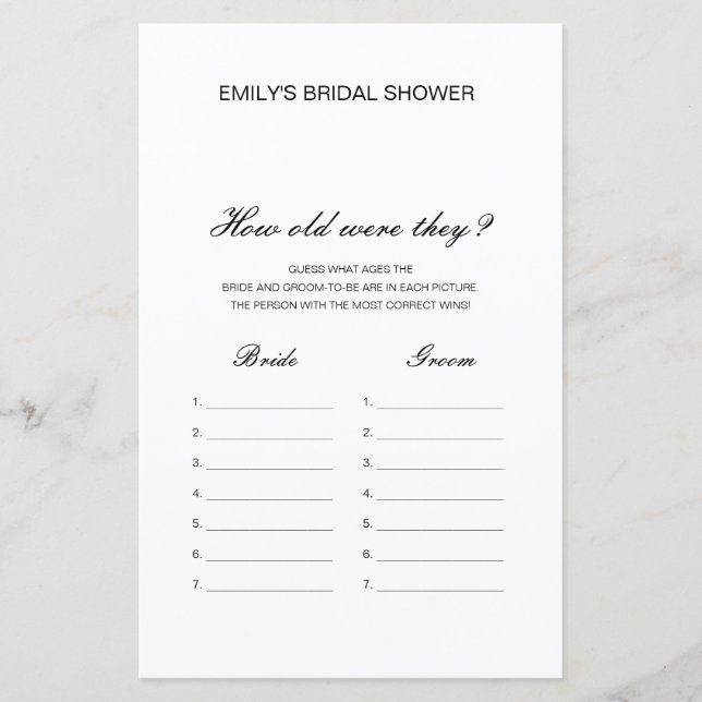 Editable Quel âge avaient-ils ? Jeu Fête des marié (Devant)