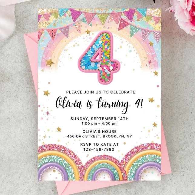 Editable Rainbow Sequin 4th Birthday Invitation (Créateur téléchargé)