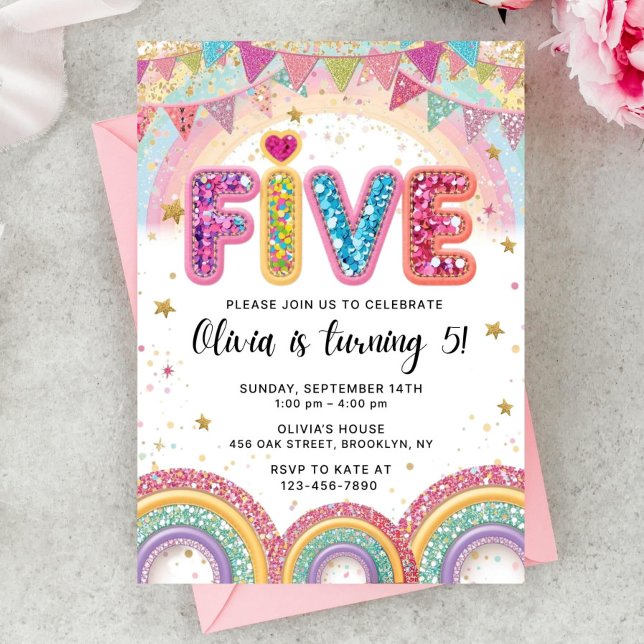 Editable Rainbow Sequin 5th Birthday Invitation (Créateur téléchargé)