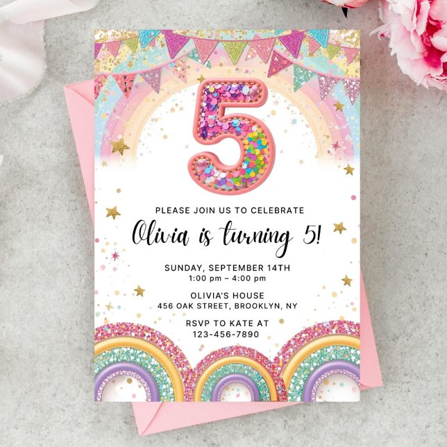Editable Rainbow Sequin 5th Birthday Invitation (Créateur téléchargé)