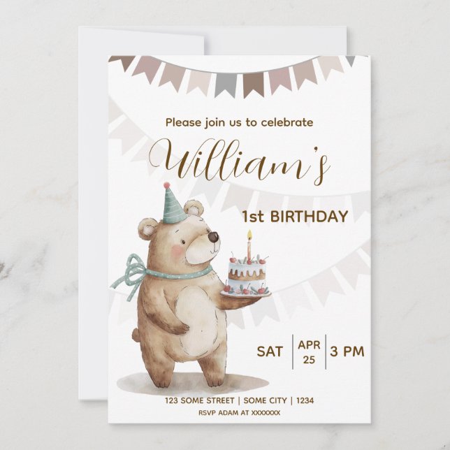 Editable Teddy Bear First Birthday Invitation  (Devant)