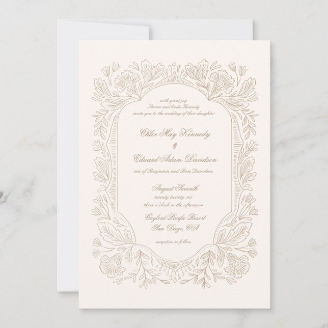 Editable Vintage Peonies Frame Wedding Invitation (Devant)