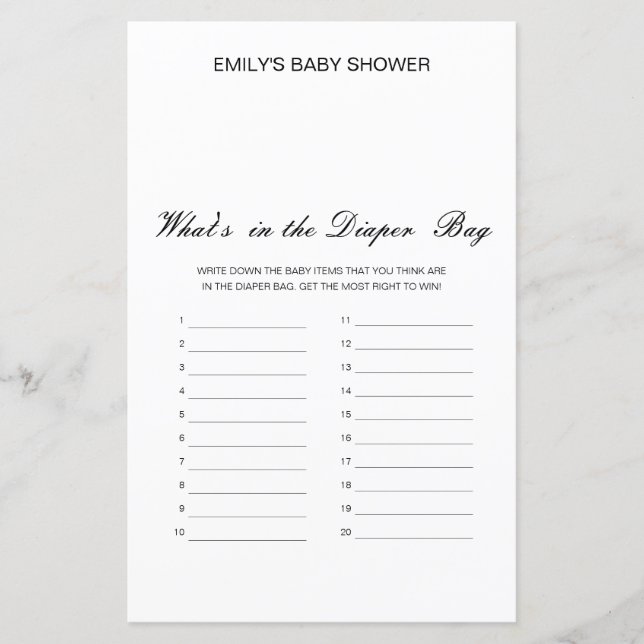 Editable What's in the Diaper Bag Baby shower Game (Devant)