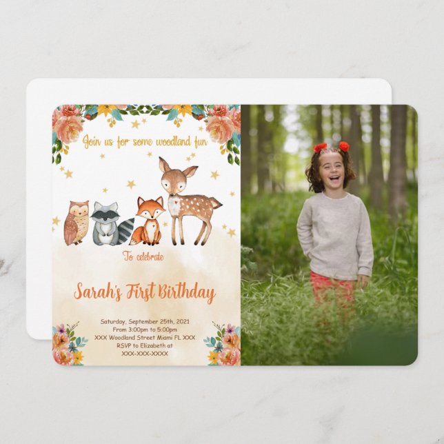 Editable Woodland Birthday Photo Invitation (Devant / Derrière)