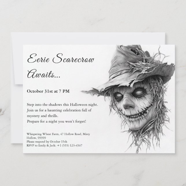 Eerie Scarecrow Halloween Invitation noir et blanc (Devant)
