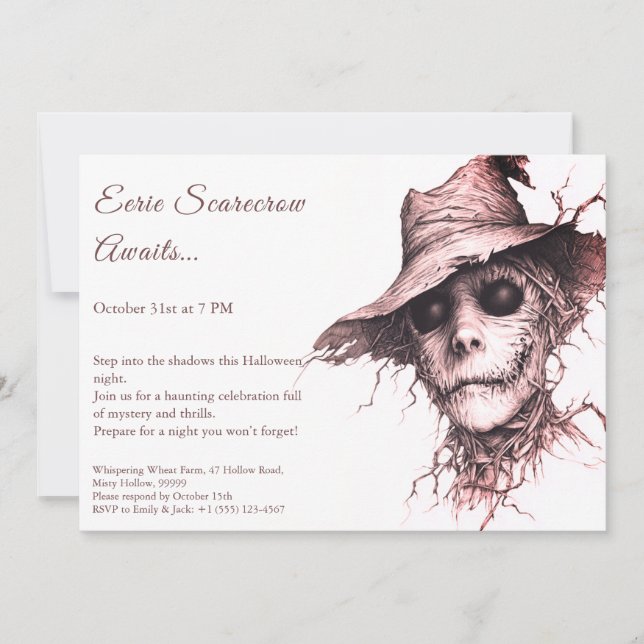 Eerie Scarecrow Halloween Invitation noir et blanc (Devant)