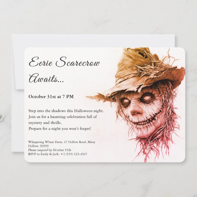 Eerie Scarecrow Halloween Invitation noir et blanc (Devant)