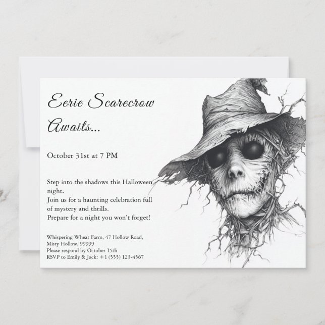 Eerie Scarecrow Halloween Invitation noir et blanc (Devant)