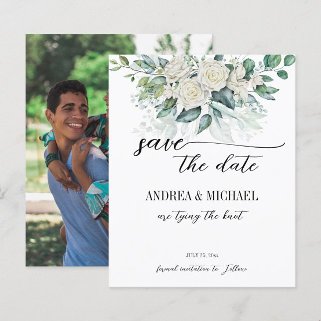 Eeucalyptus vert roses blanches sauver la date (Devant / Derrière)