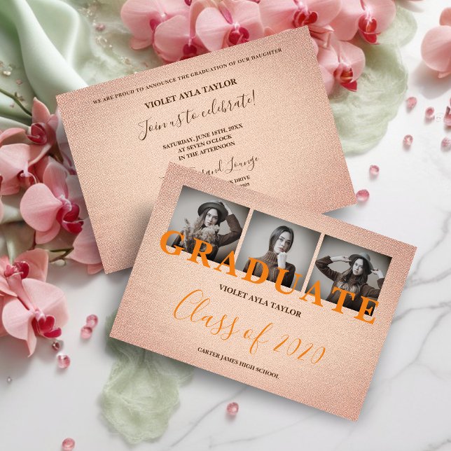 Effet de tissu de corail rustique 3 multi photos G (Rustic Coral Fabric Effect 3 Multi Photos Graduation Invitation Card. )