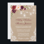 effet kraft, fleurs bordeaux et lanternes<br><div class="desc">Invitation de mariage sur effet de papier Kraft avec fleurs bordeaux aquarelles avec lumière pendantes en bocaux</div>