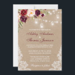 effet kraft, fleurs bordeaux et lanternes<br><div class="desc">Invitation de mariage sur effet de papier Kraft avec fleurs bordeaux aquarelles avec lumière pendantes en bocaux</div>