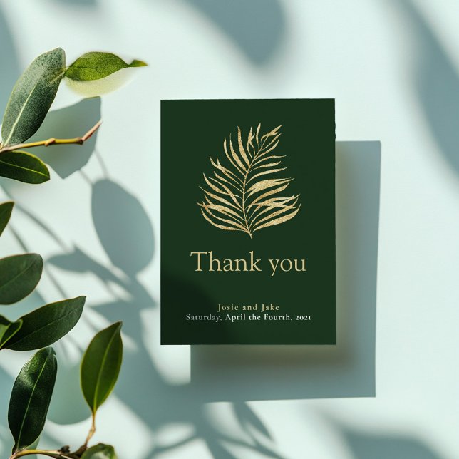 Effet or feuille de palme, photo mariage merci (Gold effect palm leaf, photo wedding thank you card.)