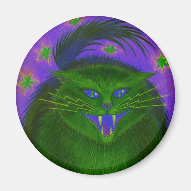 Effrayant Chat Green frigo aimant rond (Devant)