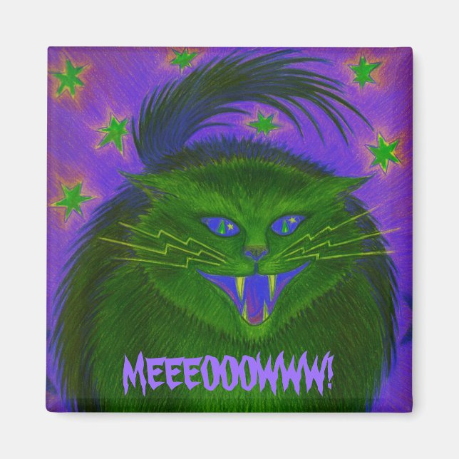 Effrayant chat vert 'MEEEOOOWWW!' aimant frigo (Devant)