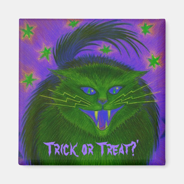Effrayant chat vert 'Trick or Treat?' aimant frigo (Devant)