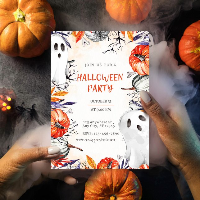 Éffrayant Halloween Party Invitation Citrouille fa (Editable Halloween Party Invite - Spooky Ghost & Pumpkin Design orang)