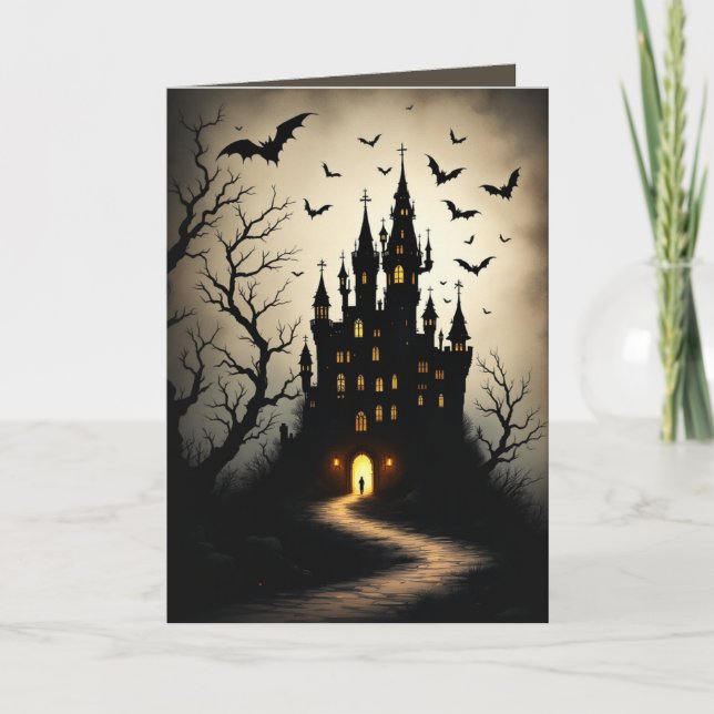 Éffrayant Shadow Halloween Castle Cartes de voeux (Devant)