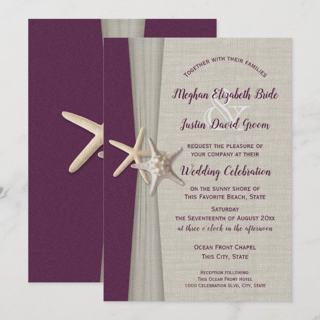 Eggplant Gris Starfish Plage Mariage Invitation (Devant / Derrière)