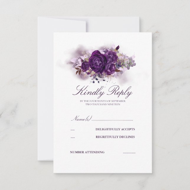 Eggplant Purple Floral Aquarelles Mariage RSVP (Devant)