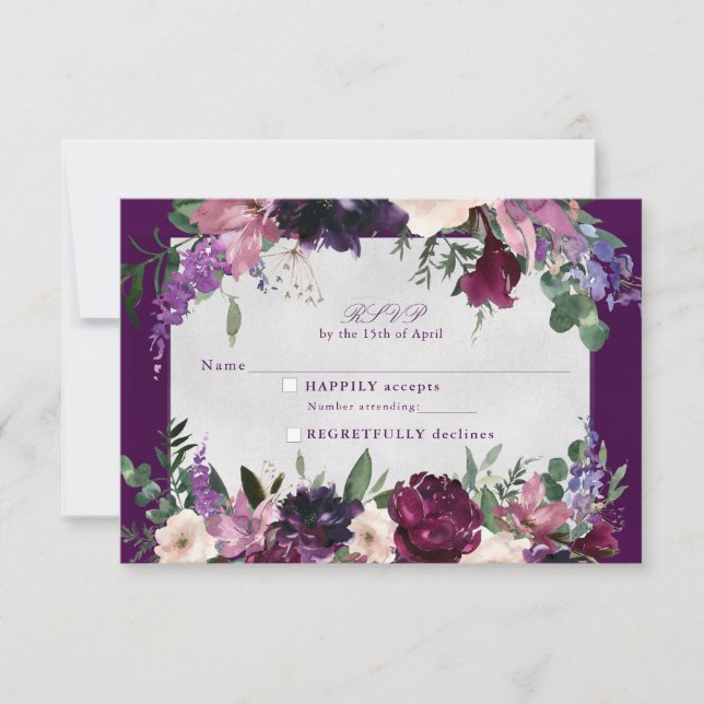 Eggplant Purple Floral Mariage rsvp insérer (Devant)