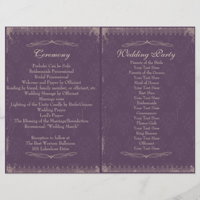 Éggplant Purple Vintage Cérémonie de mariage Progr (Devant)