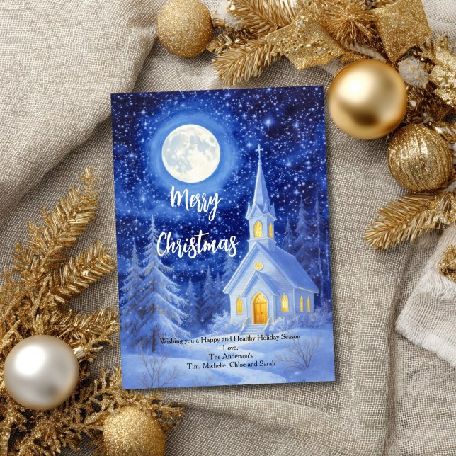 Église dans les bois enneigés carte de Noël (Country Church in Snowy Woods Christmas Holiday greeting card. Printed or Digital download)