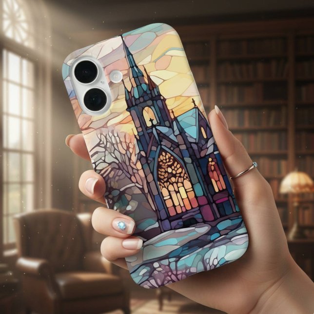 Eglise en verre satiné iPhone 16 Coque (Lovely stained glass church design)