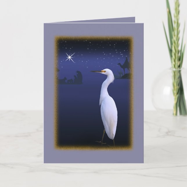 Egret neigeux avec carte de Noël de la Nativité (Devant)