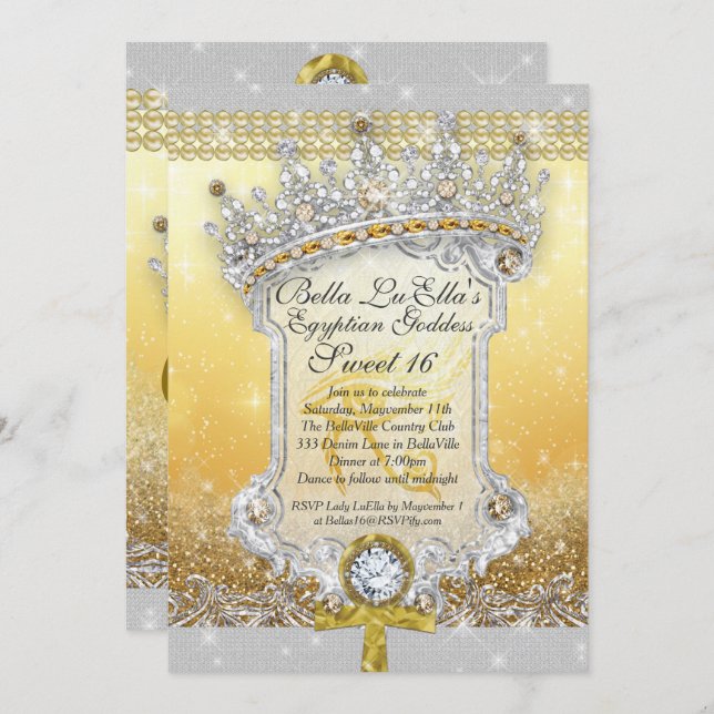 Égypte Bling Sweet 16 Invitations Quince (Devant / Derrière)